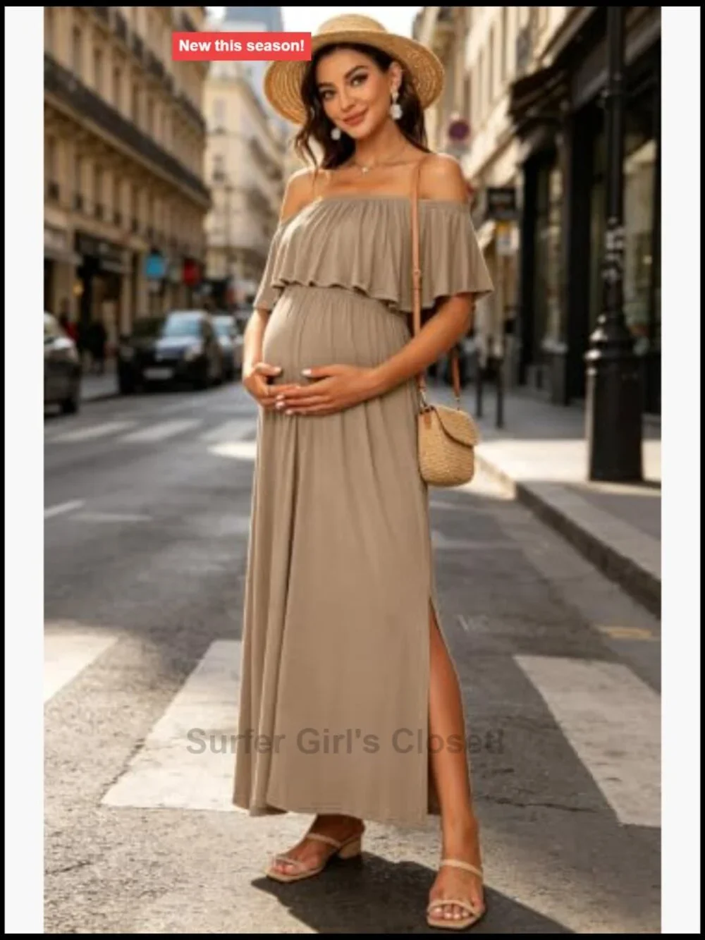 Off Shoulder Ruffle Sleeve Maternity Maxi Dress Side Slit